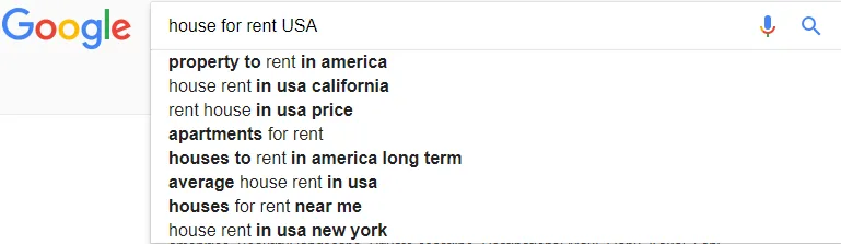 Google autocomplete suggestions for house for sale keyword