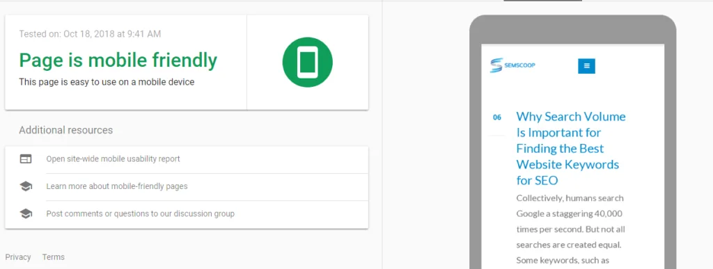 Google mobile friendliness test results for a website