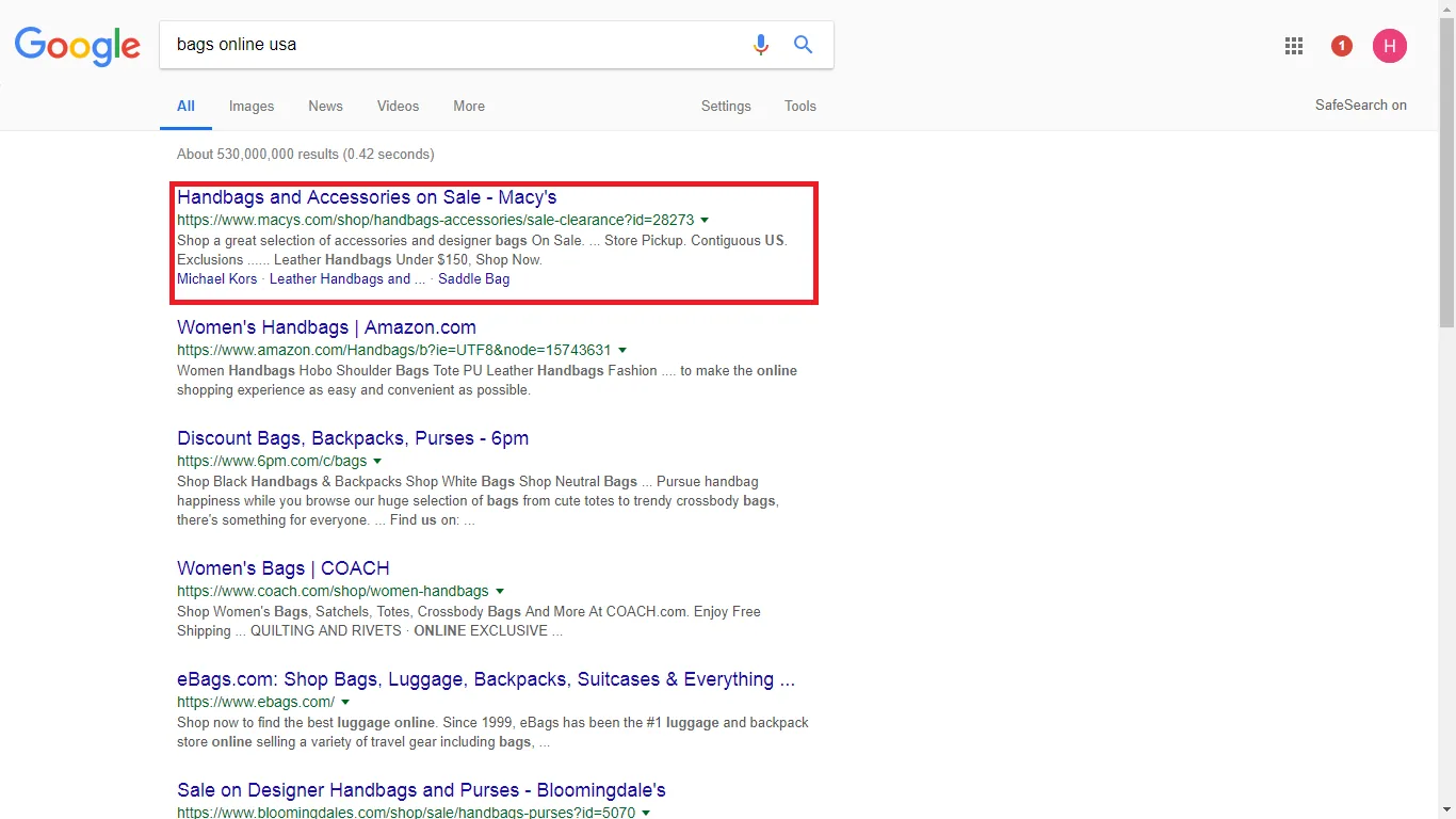 Google search results for a related keyword showing the same website ranking