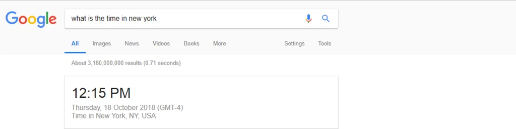 Google search showing an informational query about time in New York