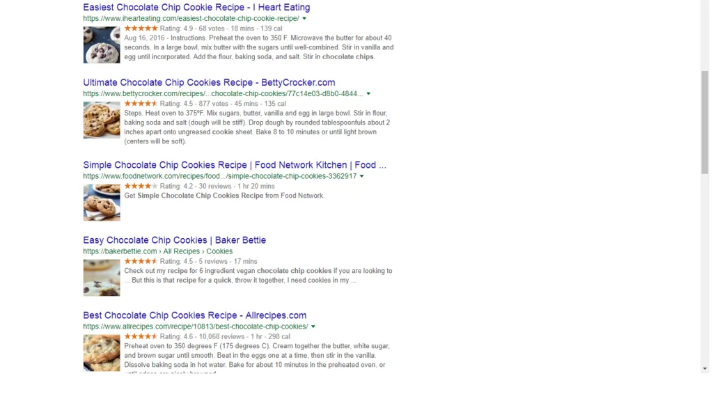 Google search results for chocolate chip cookies recipe query