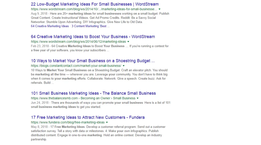 Google search results for free marketing tips for small businesses