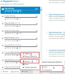 SEMScoop export keywords selection with CSV and clipboard options