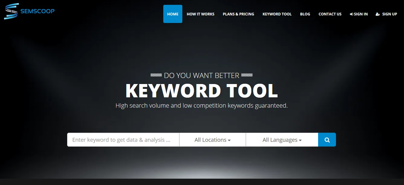 SEMScoop keyword tool landing page with search bar and features