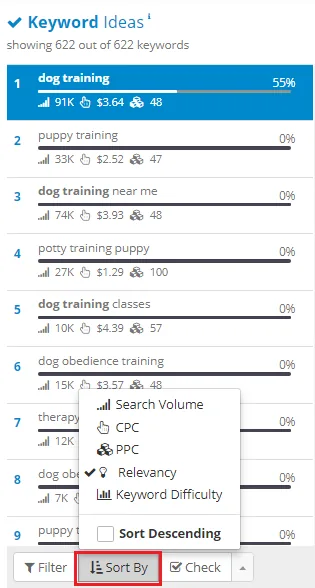 SEMScoop sort options dropdown for volume, CPC, PPC, and difficulty