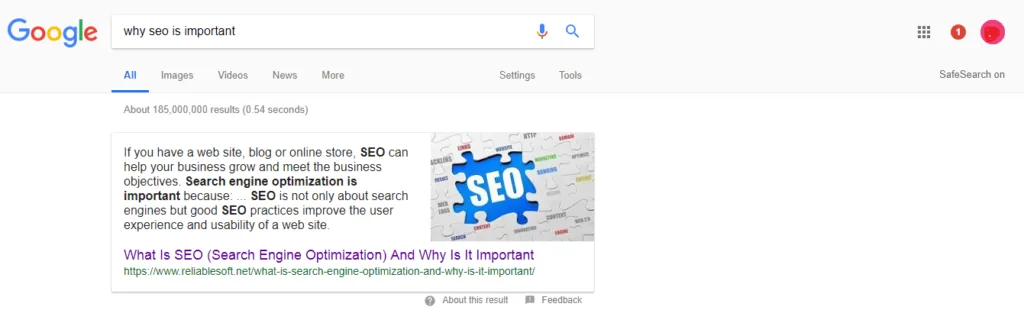 Google featured snippet showing a direct answer to a search query
