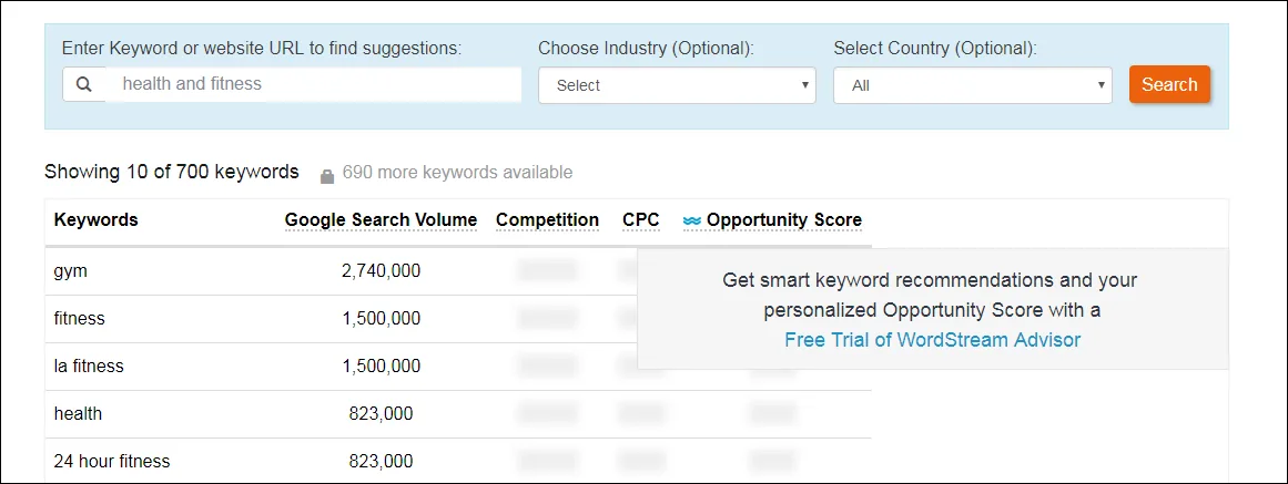 WordStream free keyword tool search interface