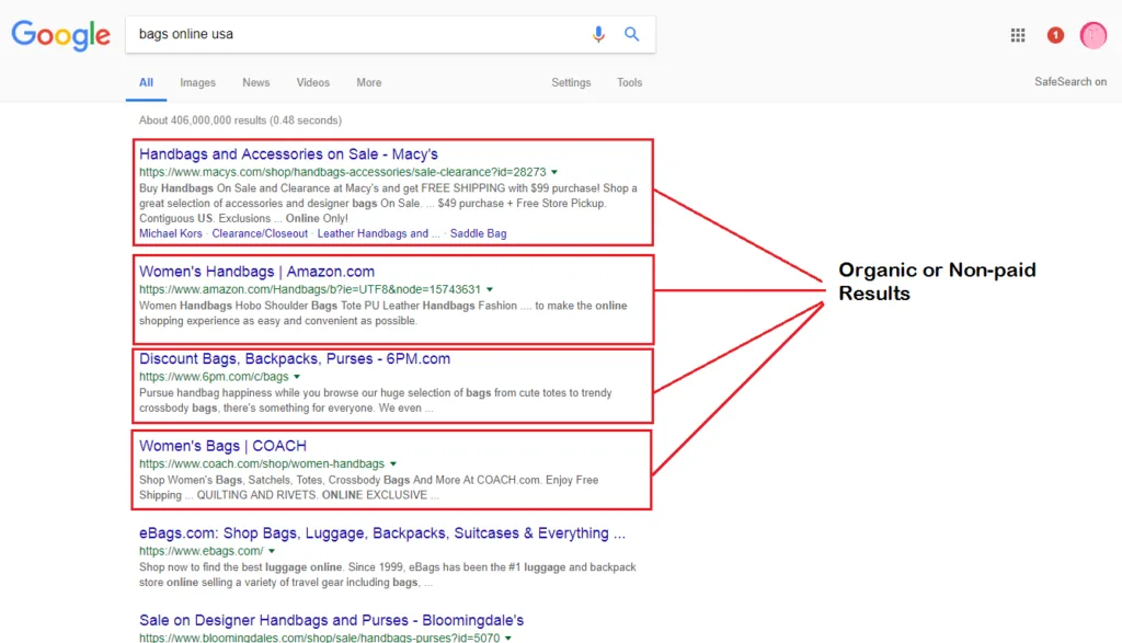 Search engine results page showing website rankings
