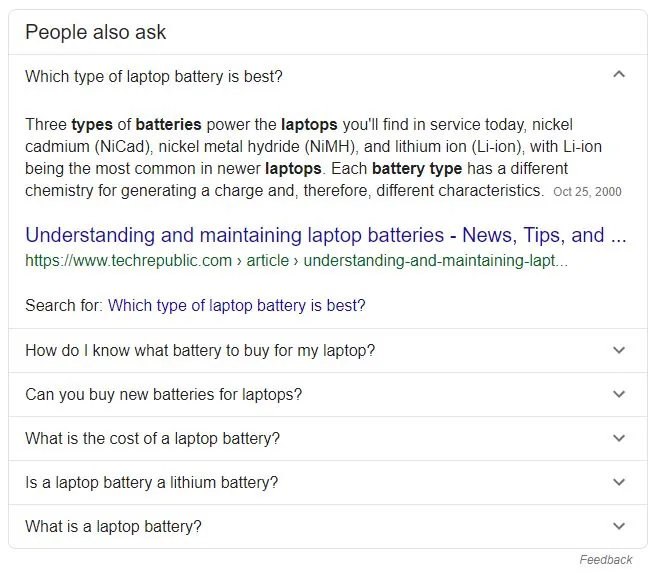 Expanded People Also Ask question with additional related queries