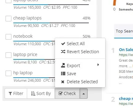 SEMScoop export keywords option in the keyword list