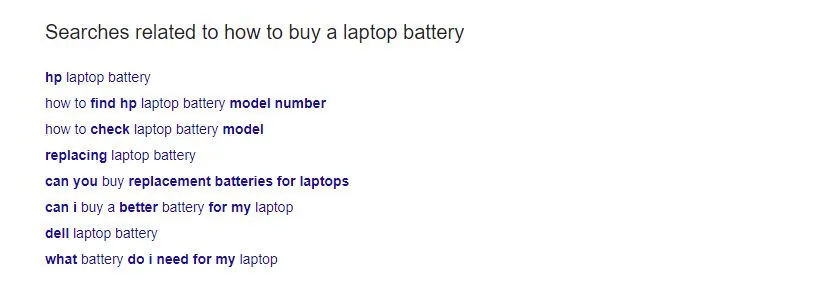 Google related searches for how to buy a laptop battery