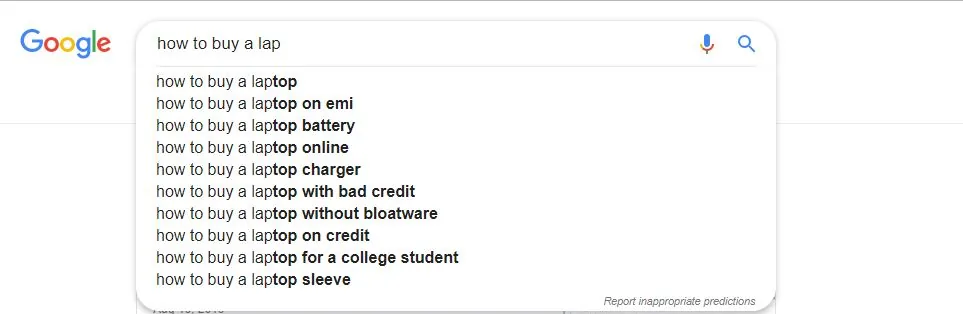 Google autocomplete suggestions for how to buy a laptop
