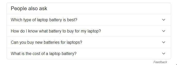 Google People Also Ask section for laptop battery queries
