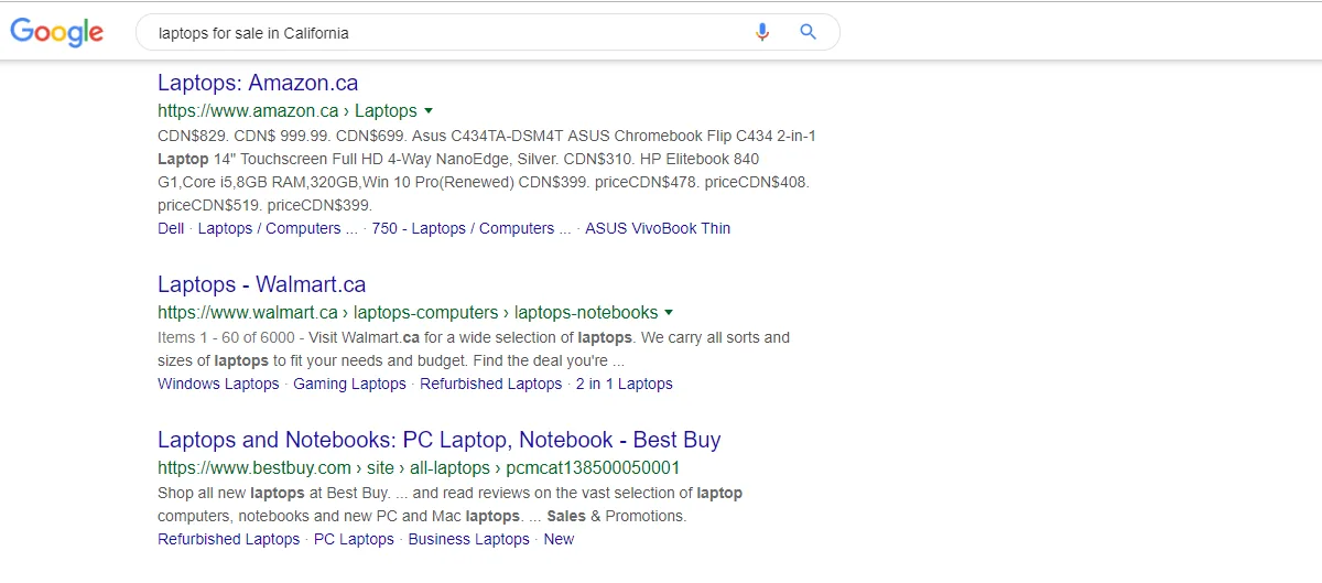 Google search results page for a keyword search query