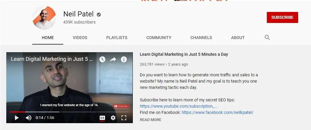 Neil Patel YouTube channel with digital marketing tutorial videos